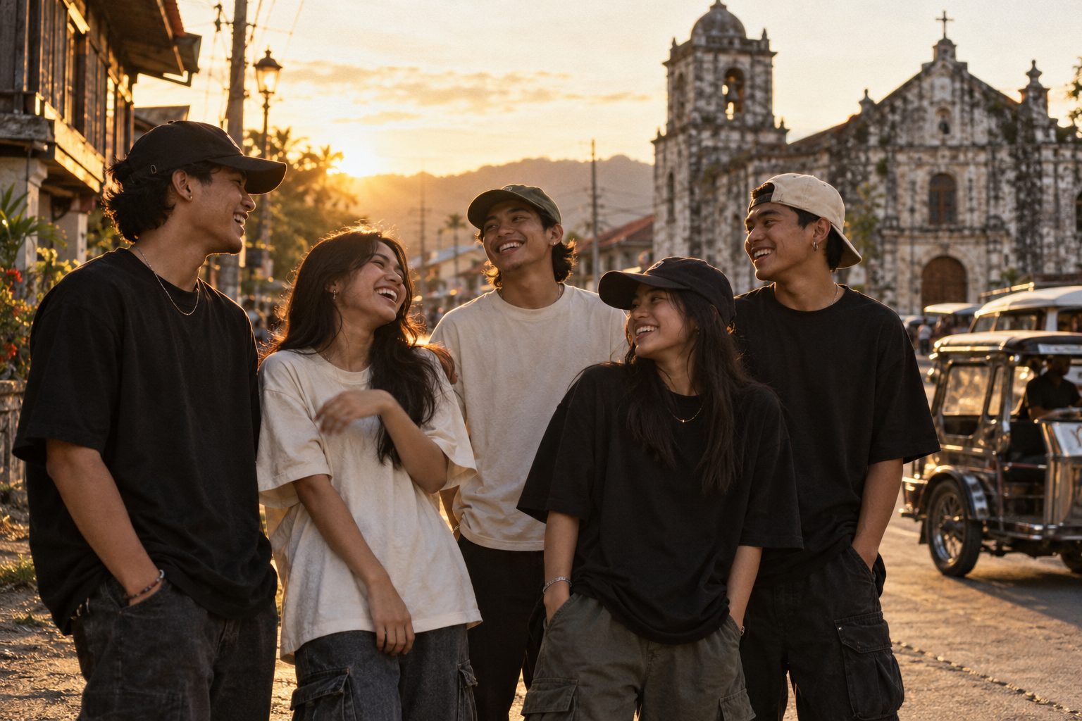 Five friends in oversized black and cream tees laughing on a town street at sunset, an old stone church behind them